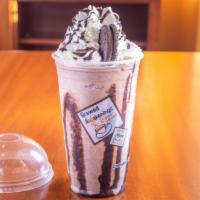 Oreo Crush · Oreo cookie, chocolate sauce, vanilla syrup, dairy, blended with ice, topped with whipped cr...