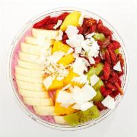 Clifton Bowl · Base: pitaya, banana, pineapple, almond milk. Toppings: banana, mango, kiwi, goji berry, shr...