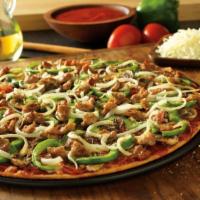 The Works Pizza · Heritage pepperoni, family-recipe sausage, freshly cut green peppers, yellow onions, fresh m...