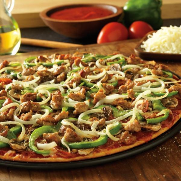 The Works Pizza · Heritage pepperoni, family-recipe sausage, freshly cut green peppers, yellow onions, fresh mushrooms.