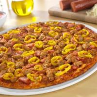 Founder's Favorite Pizza · Heritage pepperoni, family-recipe sausage, shaved ham, banana peppers.