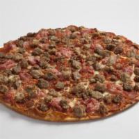 Serious Meat Pizza · Heritage pepperoni, family-recipe sausage, shaved ham, ground beef, hardwood smoked bacon.