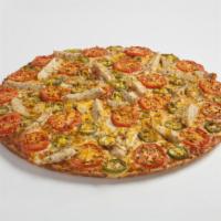 Mariachi Chicken Pizza · Sliced chicken breast, jalapeno peppers, freshly cut Roma tomatoes, sharp cheddar cheese, sm...