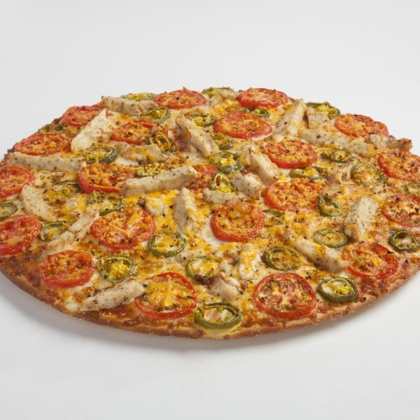 Mariachi Chicken Pizza · Sliced chicken breast, jalapeno peppers, freshly cut Roma tomatoes, sharp cheddar cheese, smoked provolone cheese, mariachi spice, side of sour cream. Spicy.