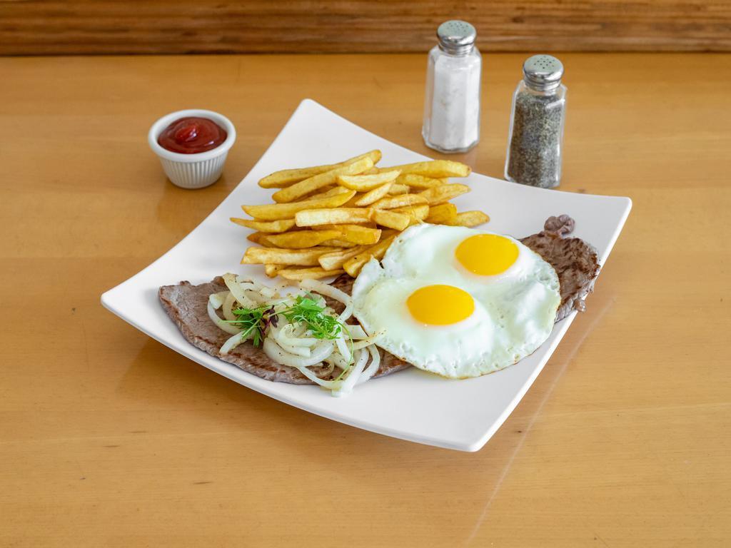 Bistec de Palomilla · Palomilla steak. Our traditional style steak, thin, juice, and very tasty. Served with chopped onions and parsley. Served with 2 sides.
