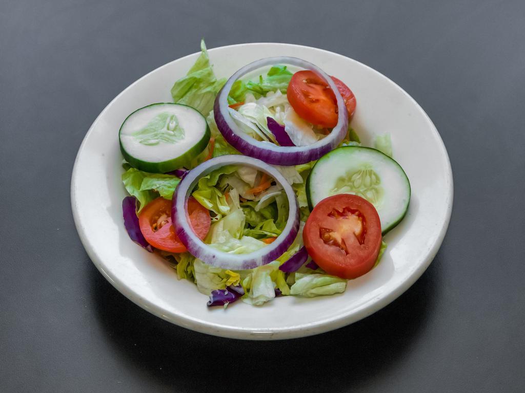 House Salad · Crisp lettuce mixed with shredded carrots and cabbage topped with croutons, red onions, tomato and cucumber and your choice of dressing.