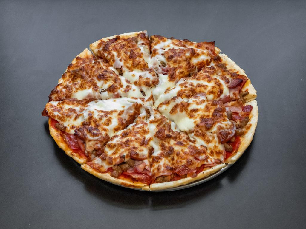 All Meat Special Pizza · This enormous pizza is piled high with sausage, pepperoni, hamburger, ham, bacon, slices of Bearno's homemade Italian link sausage, and covered with plenty of cheese.