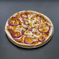 BBQ Chicken Pizza  · BBQ sauce, chicken, red onion, cheddar and mozzarella cheese.