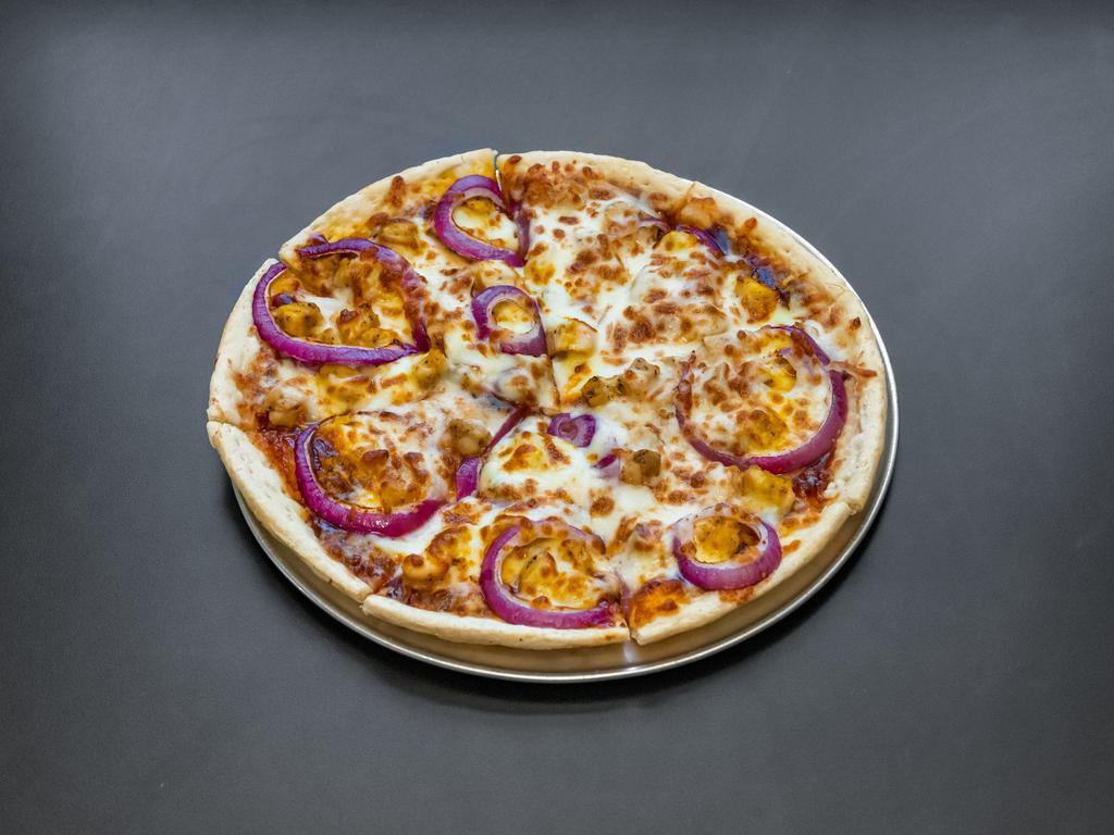 BBQ Chicken Pizza  · BBQ sauce, chicken, red onion, cheddar and mozzarella cheese.