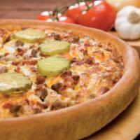 Original Crust Bacon Cheeseburger · Beef, bacon bits, onions, pickles, cheddar cheese and mozzarella cheese.