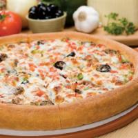 Original Crust Veggie Pie · Green peppers, onions, mushrooms, black olives, tomatoes and mozzarella cheese.