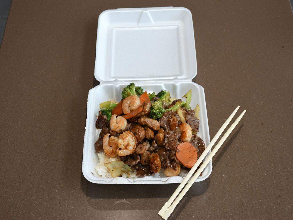 Teriyaki Chicken, Beef and Shrimp · Comes with steamed white rice or fried rice.