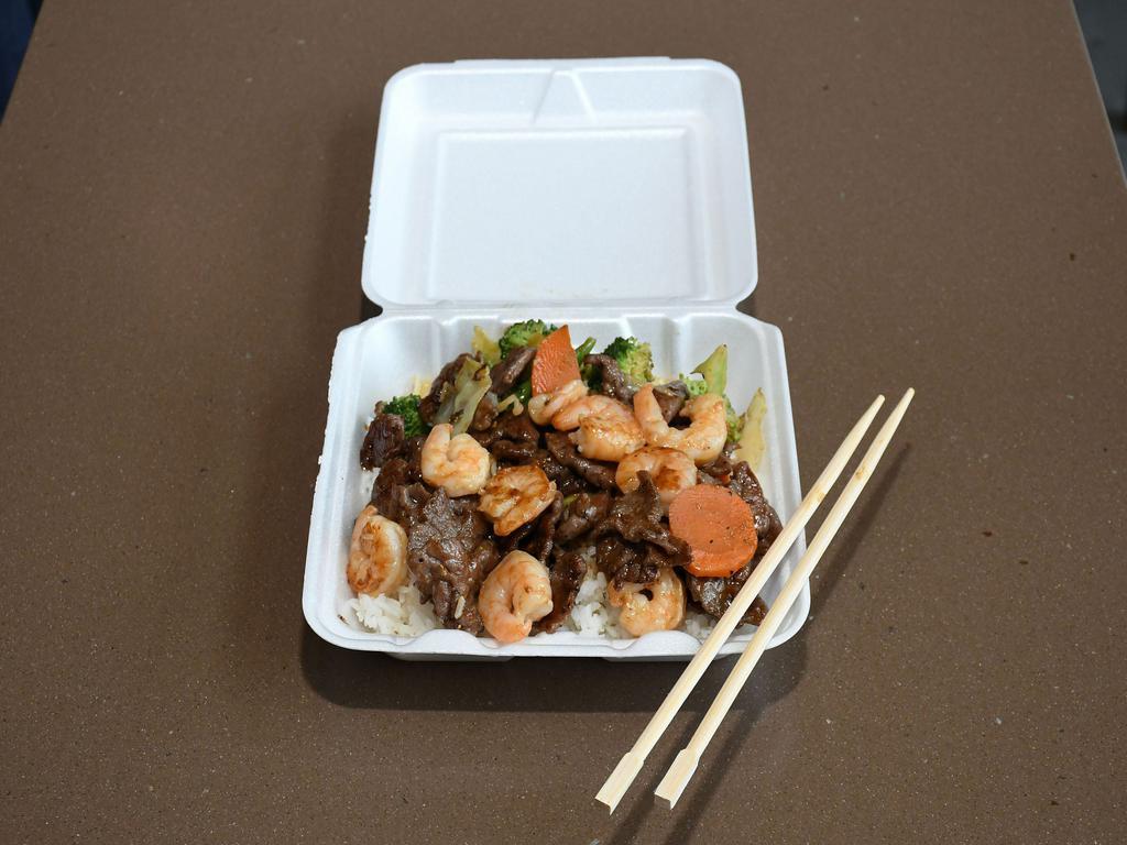 Teriyaki Beef and Shrimp · Comes with steamed white rice or fried rice.