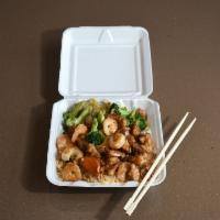 Teriyaki Chicken and Shrimp · Comes with steamed white rice or fried rice.