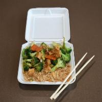 Teriyaki Veggie and Tofu · Comes with steamed white rice or fried rice.