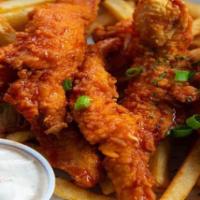 Cajun Chicken Finger Basket · Fried chicken strips dipped in cajun sauce with bleu cheese side. Served with cajun fries.
