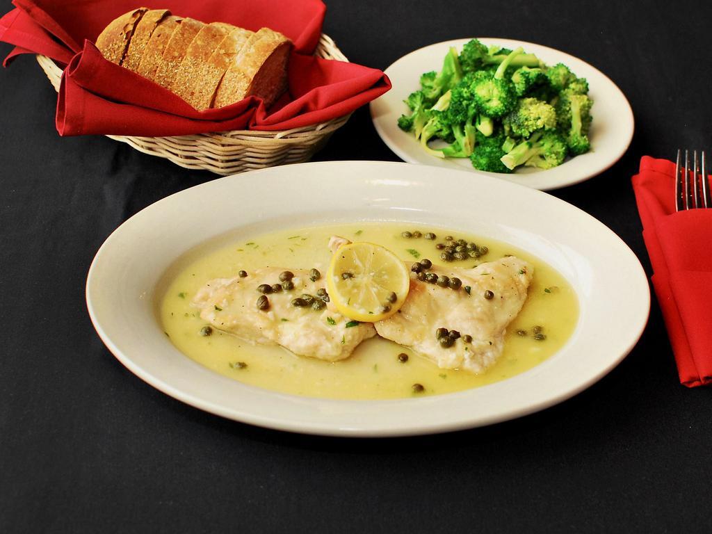 Pollo Piccata · Chicken breasts simmered with lemons, capers and white wine. Served with side of broccoli or pasta marinara.
