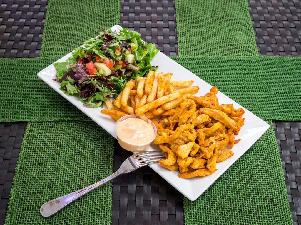 Chicken Shawarma · Chicken marinated with special spices, slowly roasted and thinly sliced. Served with rice or vegetables, french fries and pita.