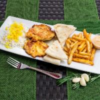 Chicken brest · Served with rice or vegetables, french fries and pita.