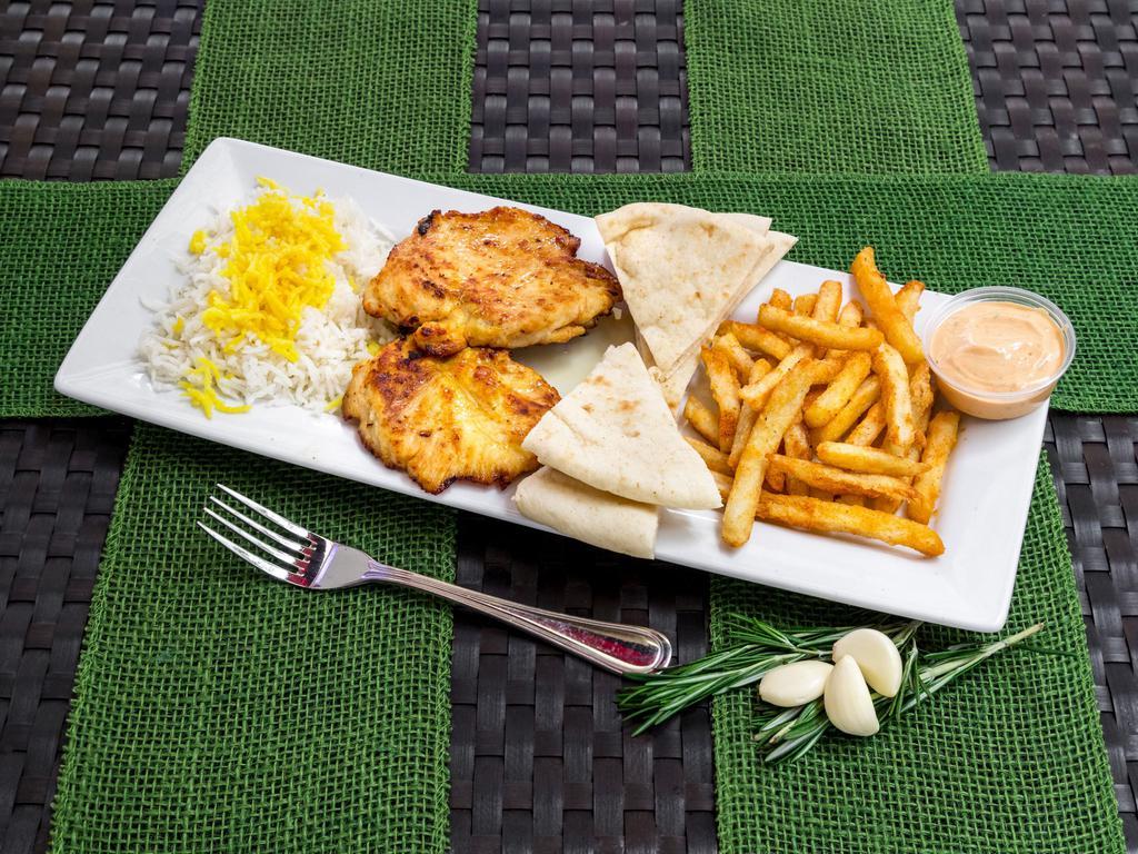 Chicken brest · Served with rice or vegetables, french fries and pita.