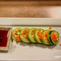 Lollipop Roll · Tuna, salmon, yellowtail, albacore tuna, crab, and avocado wrapped with cucumber. Drizzled w...