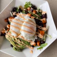 LB's Breakfast Salad · Spring mix, grilled sweet potatoes, black beans & avocado topped with 2 poached eggs. Choice...