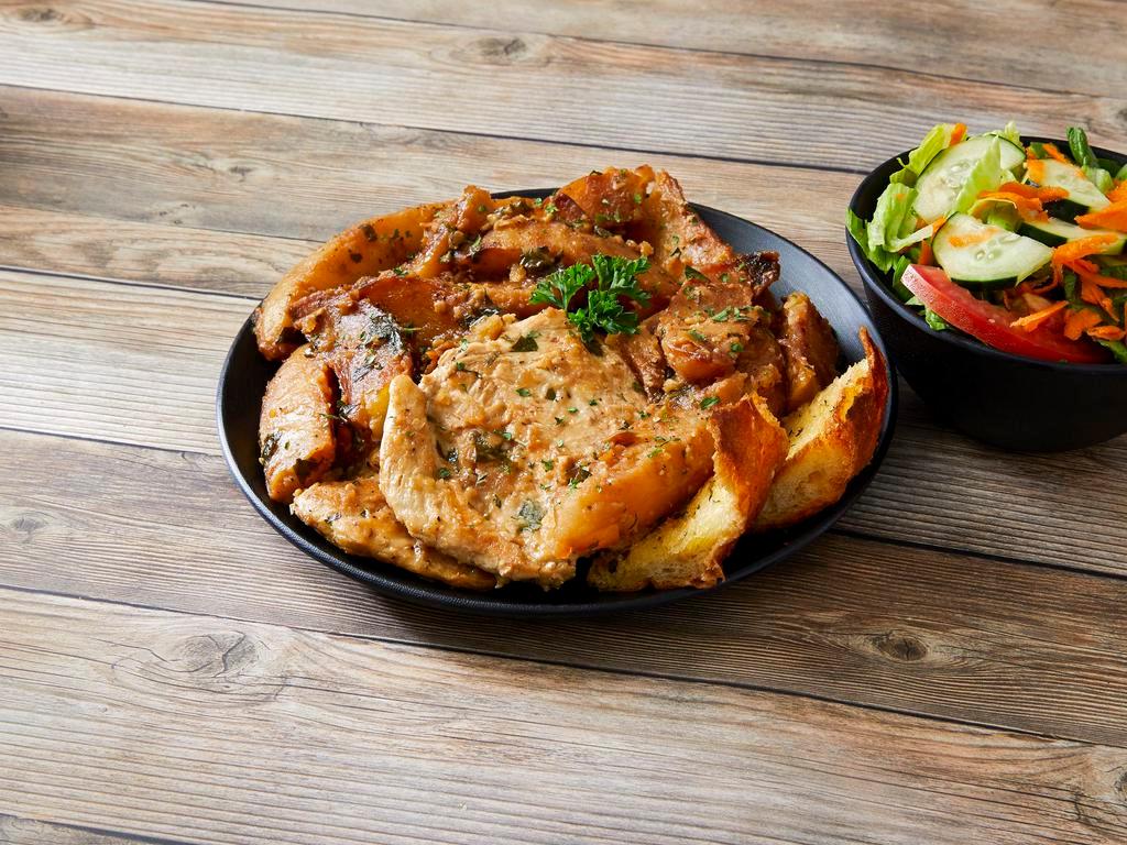 Chicken Vesuvio · 2 chicken breast sauteed in our homemade garlic wine sauce, served with Vesuvio potatoes.