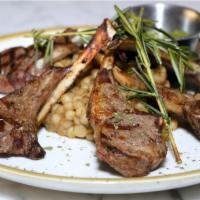 Lamb Chops · Grilled lamb chops , mint-cilantro pesto, 
served with pearl couscous