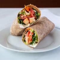  Buffalo Chicken Wrap   · Blue cheese dressing, romaine lettuce, spinach, grilled chicken strips, Buffalo sauce, slice...