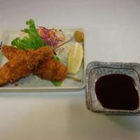 Kushi Katsu · Cubed pork and vegetables, skewered, breaded and deep fried with tonkatsu sauce.