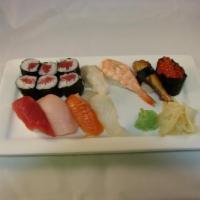 Nigiri Supreme · 8 pieces nigiri sushi and 1 roll tekka maki. Served with miso soup.