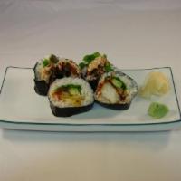 Spider Roll · Softshell crab roll with tobiko. Rolled rice in toasted seaweed.