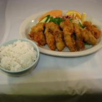 Fried Oysters  · Oysters, breaded and deep fried with tonkatsu sauce. Served with rice, miso soup and salad.
