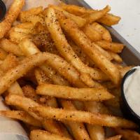 Finn Fries · crispy fries tossed in our sweet and smoky spice blend, with bbq and buttermilk parmesan dip...