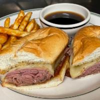 Balboa Sandwich · shaved roast beef and melted provolone, on toasted garlic bread with au jus and crispy fries