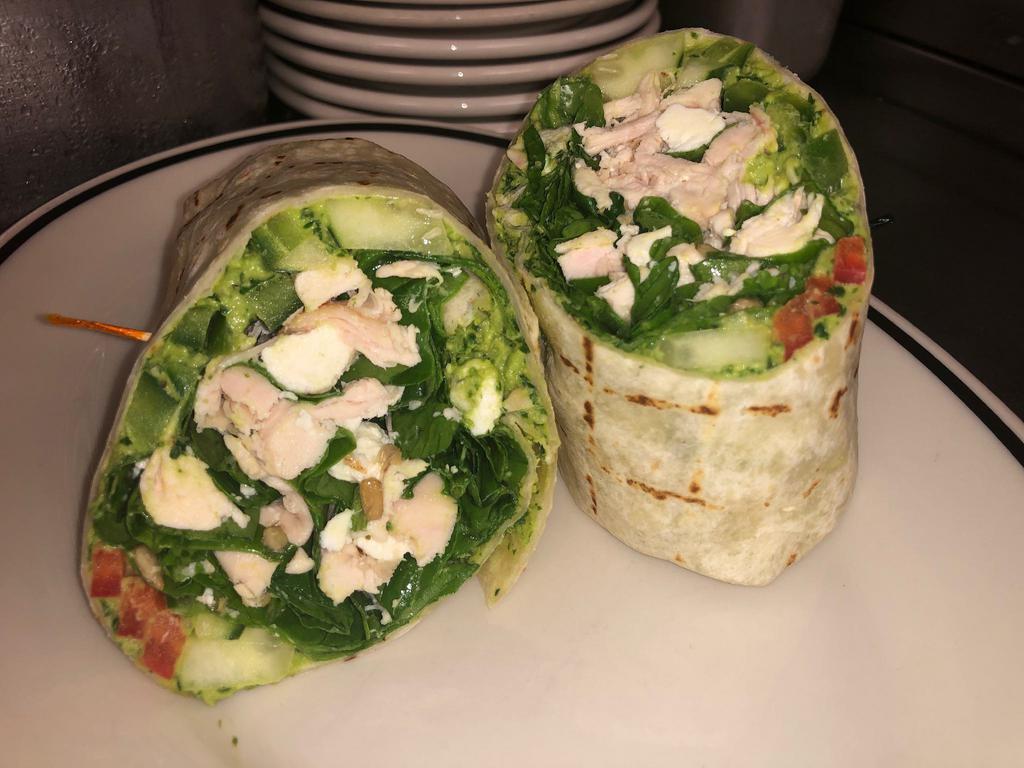 Blackfinn Chicken Wrap · buttermilk brined roasted chicken, mixed greens, parmesan, roma tomatoes, pine nuts, red onions and housemade buttermilk parmesan dressing with steamed broccoli
