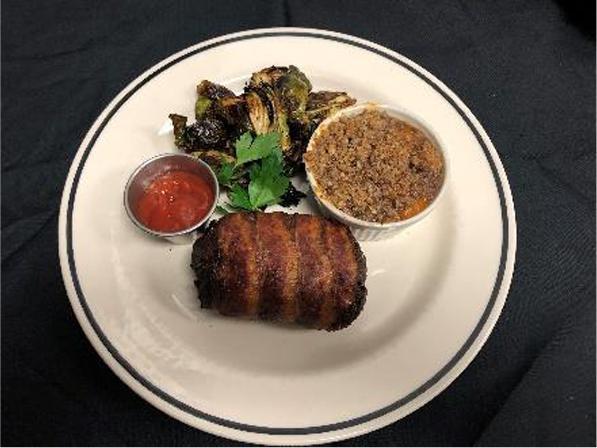 Bacon Wrapped Meatloaf · slow roasted with honey chipotle ketchup, sweet potato casserole and bacon brussels sprouts