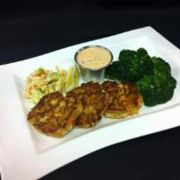 Crab Cake Entree · three lump crab and butter cracker cakes, with apple slaw, steamed broccoli and housemade re...