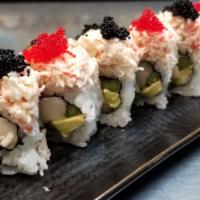 White Emperor Sakae Signature Roll · Super white tuna, and snow crab with asparagus, avocado, and flying fish roe.