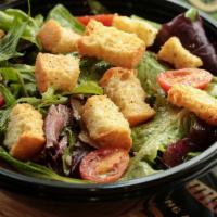 Rustic Salad · Spring mix shaved Parmesan, tomatoes, and croutons with balsamic vinaigrette.