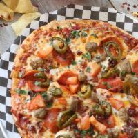 The Bubba Pizza · Pizza sauce, mozzarella, tomatoes, jalapenos, pepperoni, Italian sausage, and bacon, topped ...