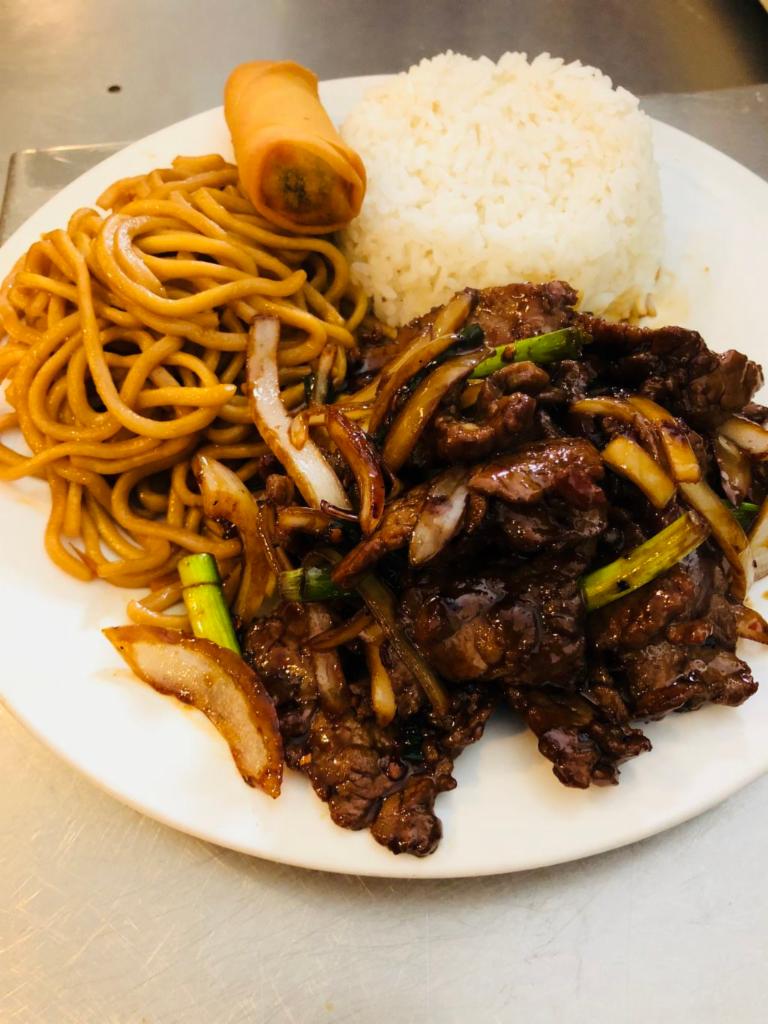 C. Mongolian Combo · Mongolian beef,spring roll,chowmein and steamed rice