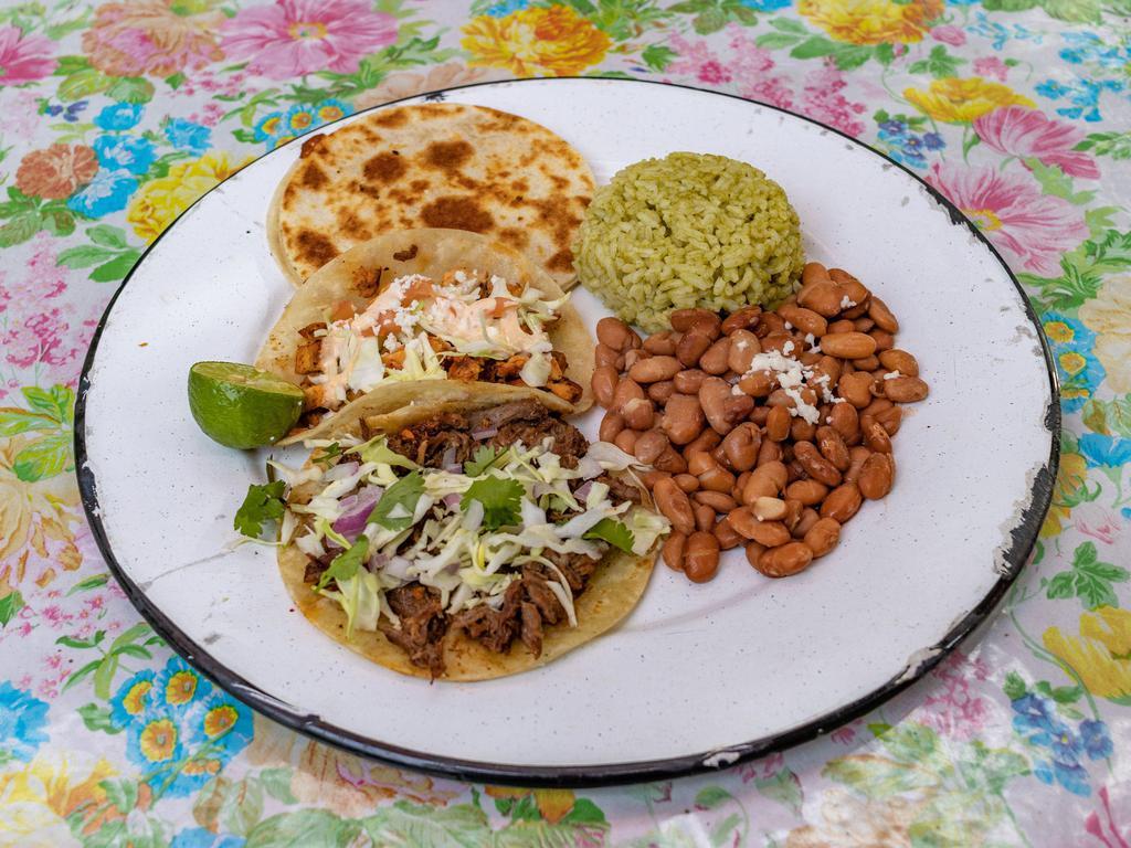 QUESADILLA & TACOS MIX · One Quesadilla and two soft tacos with your choice of tortillas and meat. Served with Beans and Rice.