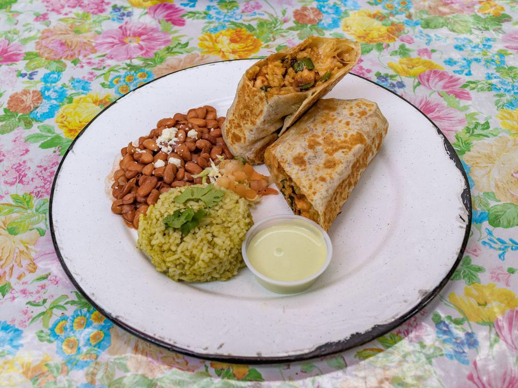 DON CAMARON GRILLED BURRITO · Grilled garlic shrimp with cilantro rice, grilled poblanos, red onions, melted queso, cilantro, and chipotle mayo. Served with pinto beans and cilantro rice. 