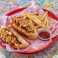 Sonoran Hotdogs · Two Sonoran botana dogs with bacon, mustard, chorizo, mayo, grilled onions, tomatoes, whole ...
