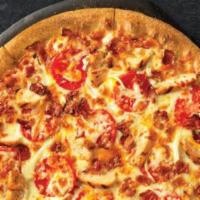 Small Chicken Fresco Pizza · 6 slices.  Original crust , grilled chicken , bacon , onions , tomatoes , cheddar cheese , p...