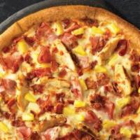 Small Hawaiian Chicken Pizza  · 6 slices. Ham, grilled chicken, bacon, pineapple, our signature sauce and 3-cheese blend.