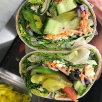 Crazy Veggie Wrap · Feta cheese over veggies and your choice of dressing or homemade hummus.