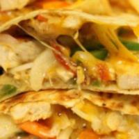 Chicken Quesadilla · Grilled Chicken Breast with peppers, onions, and cheddar cheese served with sour cream 