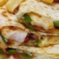 Shrimp Quesadilla · Grilled Shrimp with peppers, onions, and cheddar cheese served with sour cream